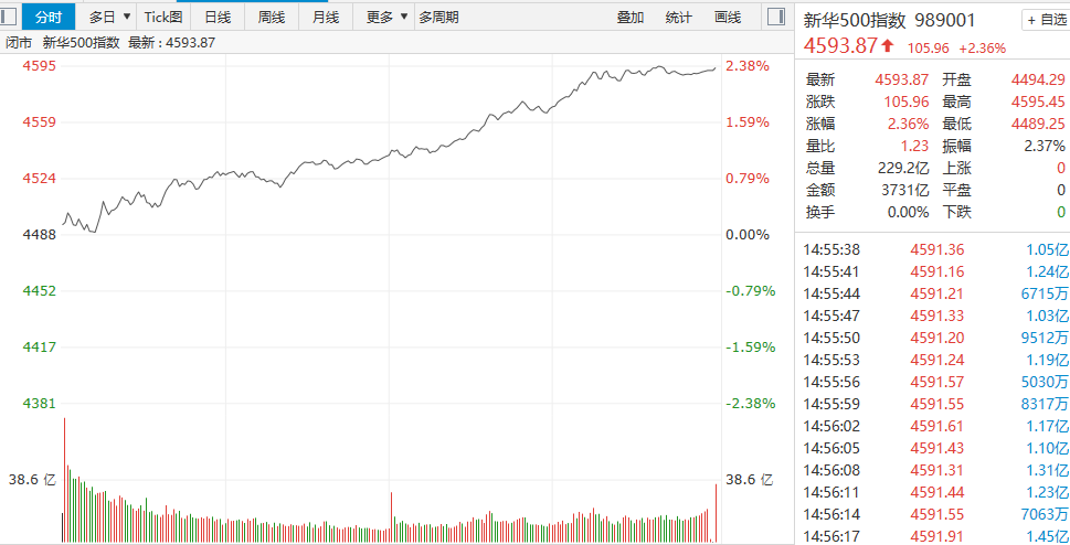 【新华500】新华500指数（989001）20日放量大涨2.36% 中国电信等8股涨停 